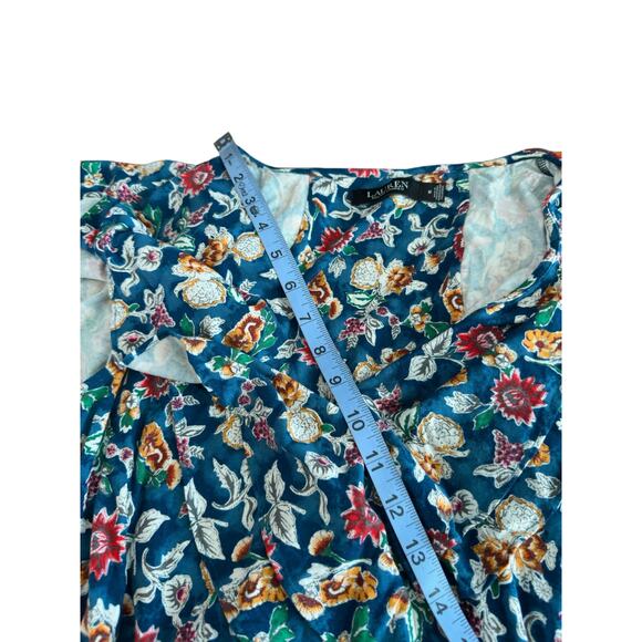 Ralph Lauren Black Label Stretch V-Neck Faux Wrap Blue Ruffle Blouse Medium - Picture 12 of 13